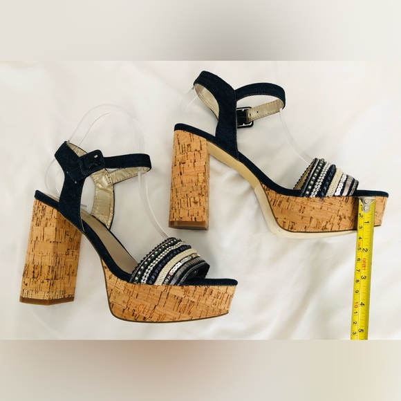 Nine West Shoes - NWOB Nine West denim cork chunky heel platform with sequins and beaded accents.